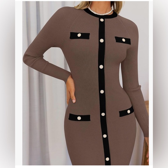 NWT RIB KNIT MIDI DRESS-KHAKI/BLACK-S - Picture 10 of 17